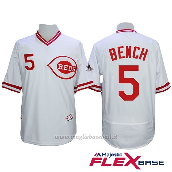 Maglia Baseball Uomo Cincinnati Reds 5 Johnny Bench Majestic Autentico Collezione Flex Base Bianco